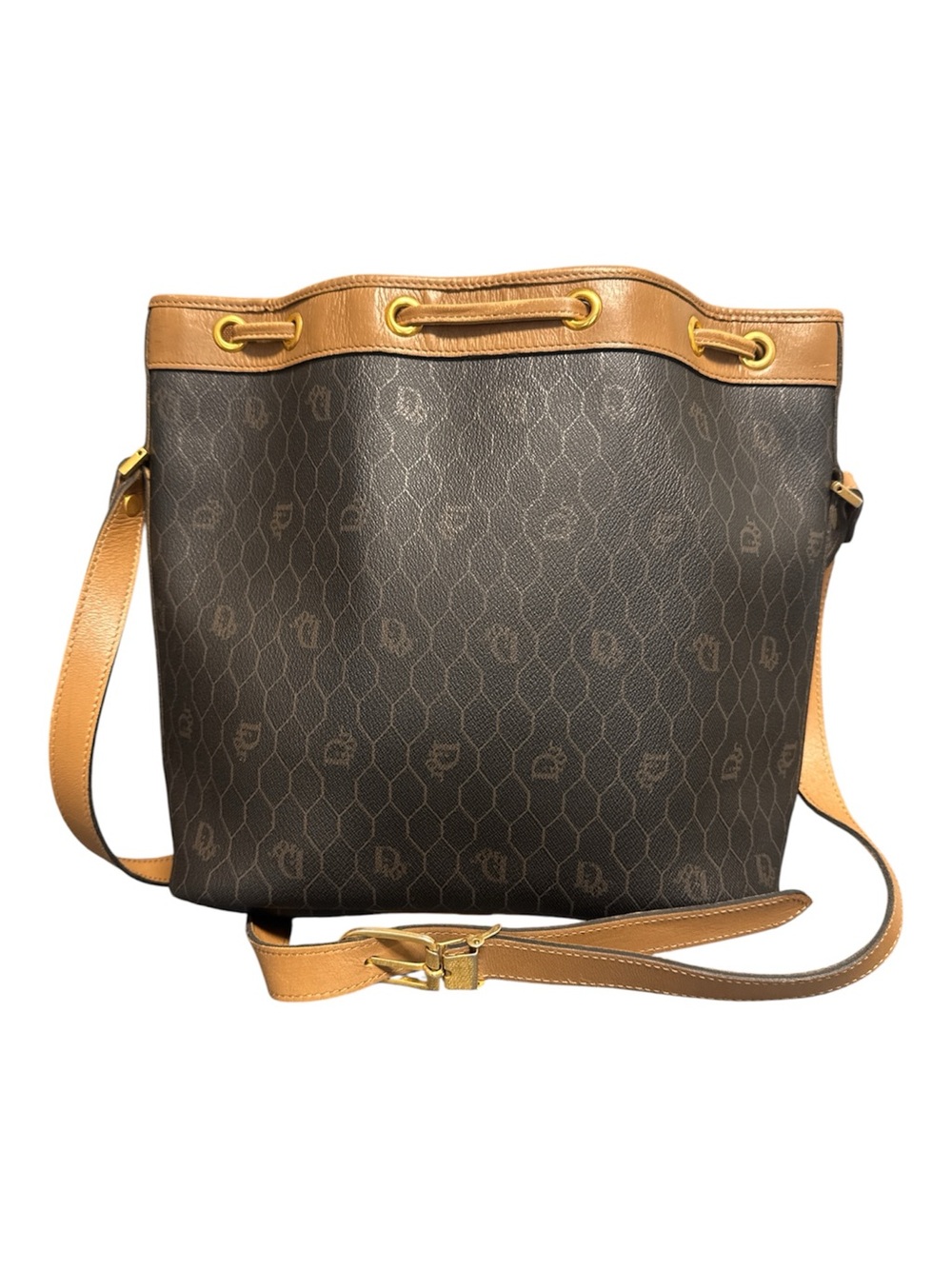 DIOR Honeycomb Monogram PVC Bucket Shoulder Crossbody Bag Brown Tan w/ Pouch - Picture 5 of 17